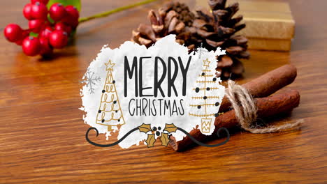 animation of merry christmas text and decorations on wooden background