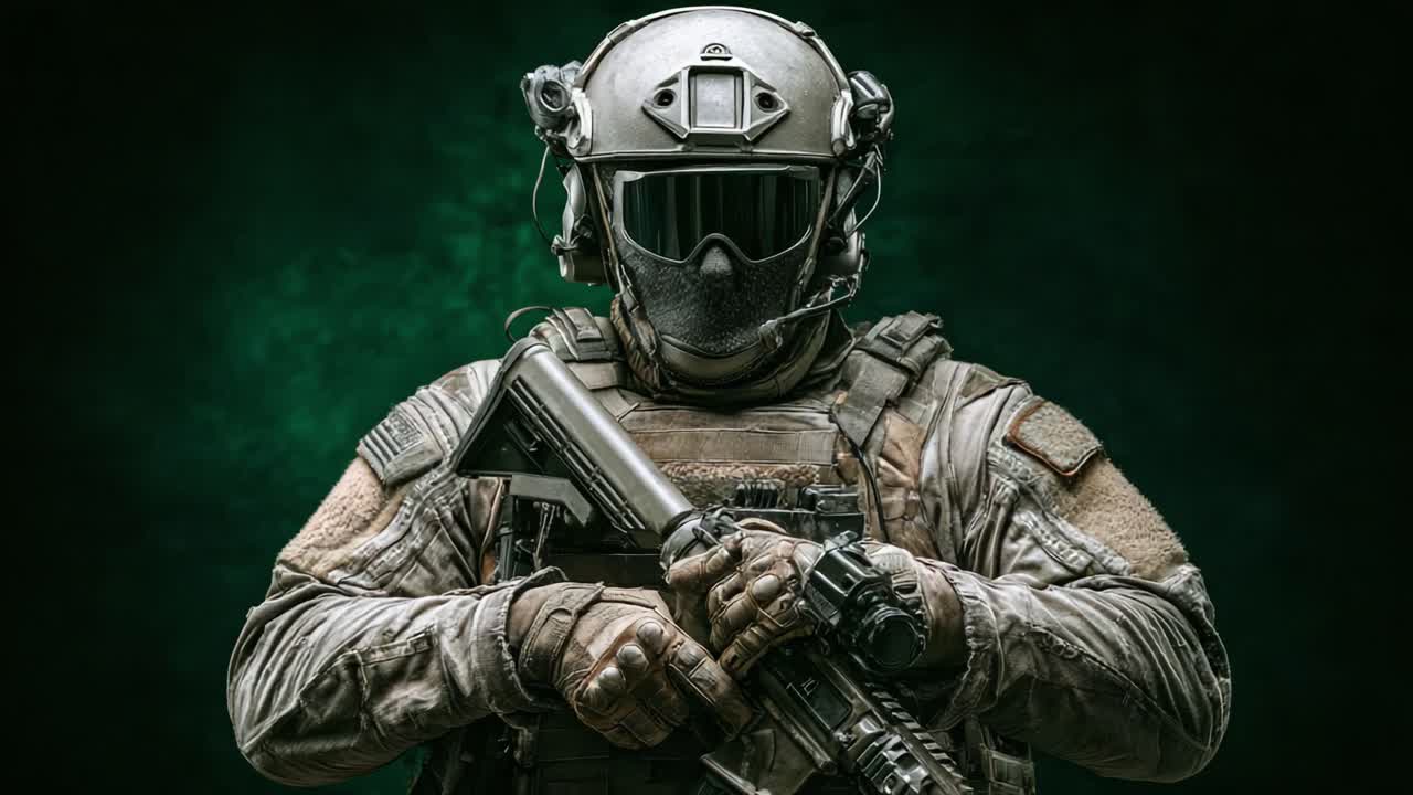 Soldato militare altamente specializzato in equipaggiamento tattico che mostra precisione e prontezza con un fucile d'assalto su uno sfondo scuro.