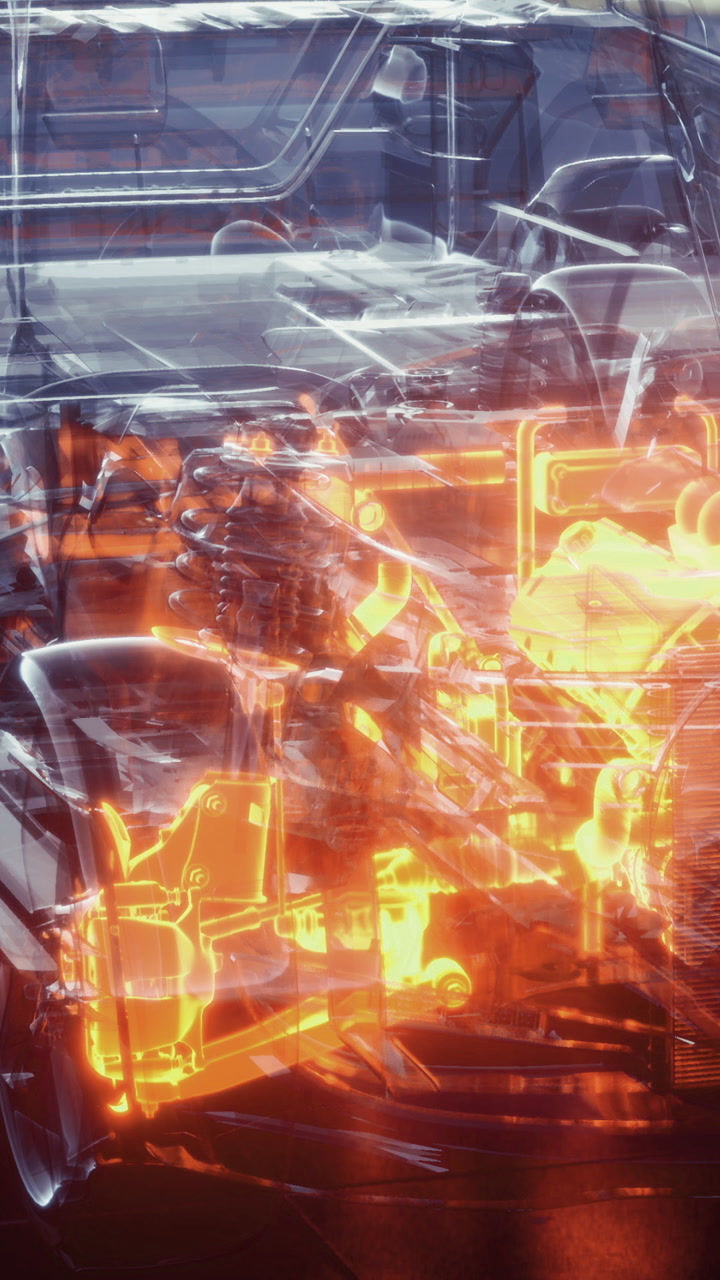 Engine details in bright colors at a mechanic shop during the afternoon