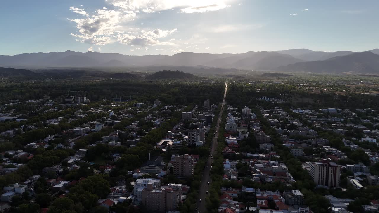 Aerial Shot Of Mendoza Capital, Argentina City At Sunset Mountains At Background