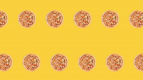 animación de bucle sin costuras con dos filas de pizzas enteras de pepperoni en un fondo amarillo, concepto de comida rápida para publicidad con espacio de copia