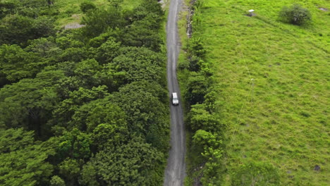 4x4-Jeep-Turismo-Auto-Conduciendo-Fuera-De-La-Carretera-Cruzando-Selva-Verde-Vegetación-Profunda-Drone-Aéreo-Siguiendo-Imágenes