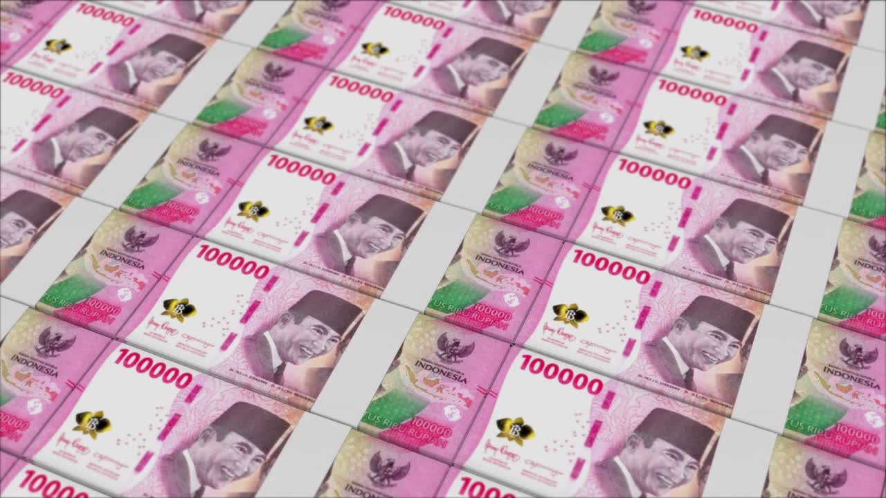100.000 Indonesische Rupien Banknoten werden von einer Gelddruckmaschine gedruckt