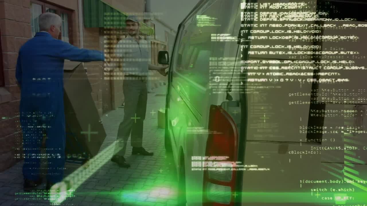 Animation of digital interface over caucasian warehouse workers