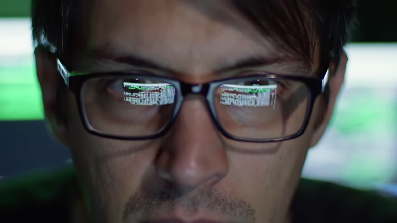 Focused Observer Analyzing Digital Data Displayed on Screen Reflection in Wearing Glasses, Emphasizing the Intricacies of Technology and Cyber Activity