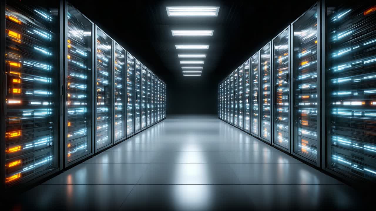 Una vista mozzafiato di un data center moderno con file di server rack illuminati, che mette in mostra tecnologia avanzata e infrastrutture all'avanguardia in un ambiente buio