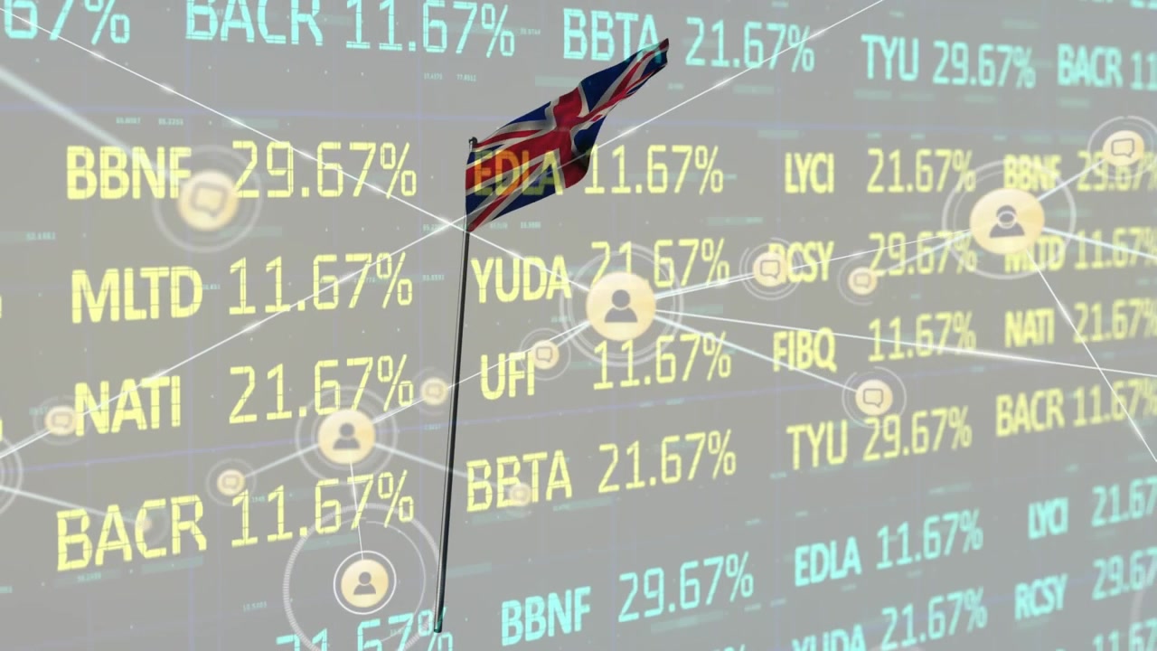 Dalgalanan Birleşik Krallık bayrağı fonunda borsa verilerinin işlenmesi ve profil simgeleri ağının animasyonu.