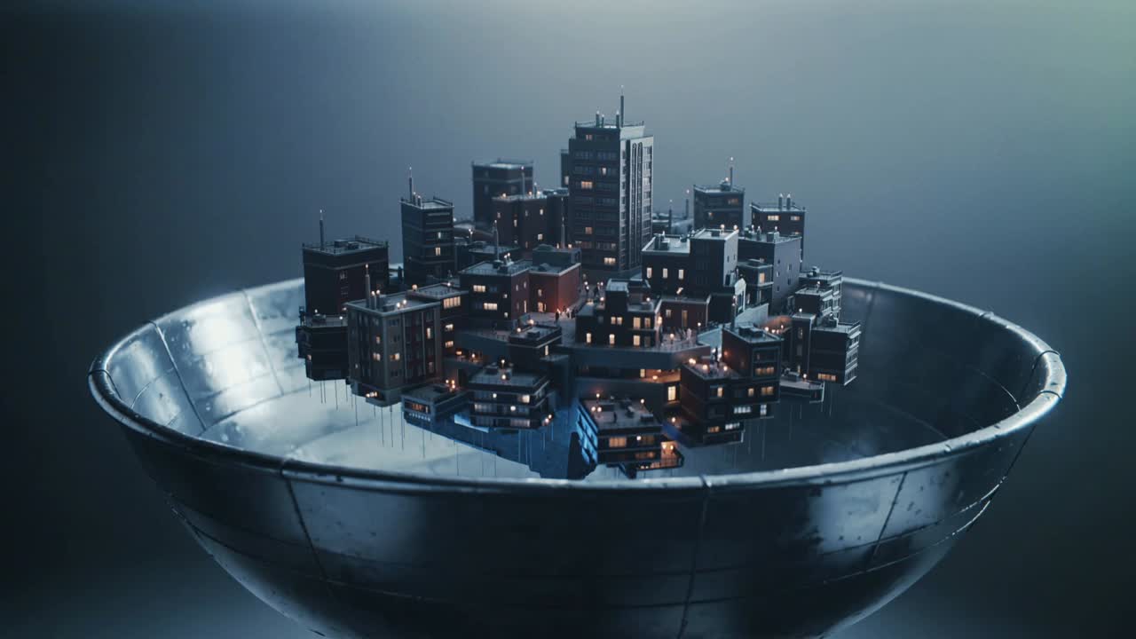 Moving camera revealing lit miniature urban cluster over metallic bowl, showing blue facade detail