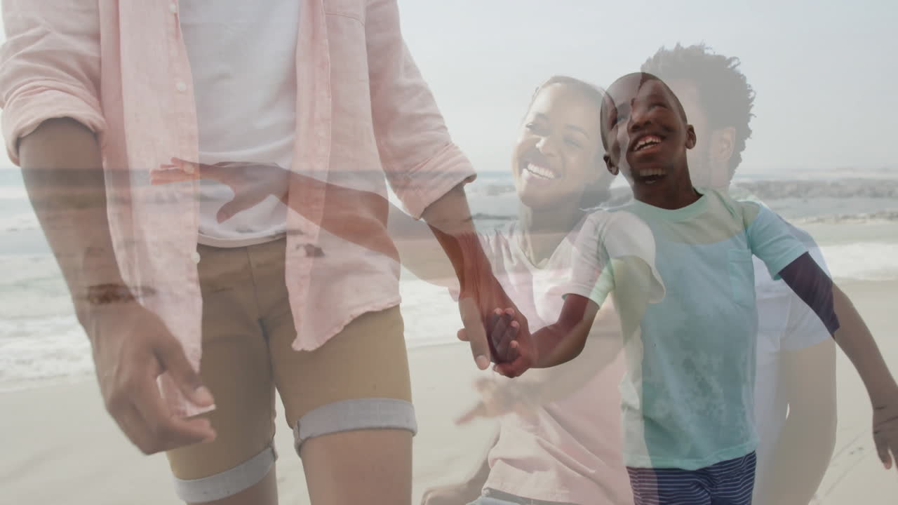 Holding hands, family walking together on sunny beach, smiling and happy