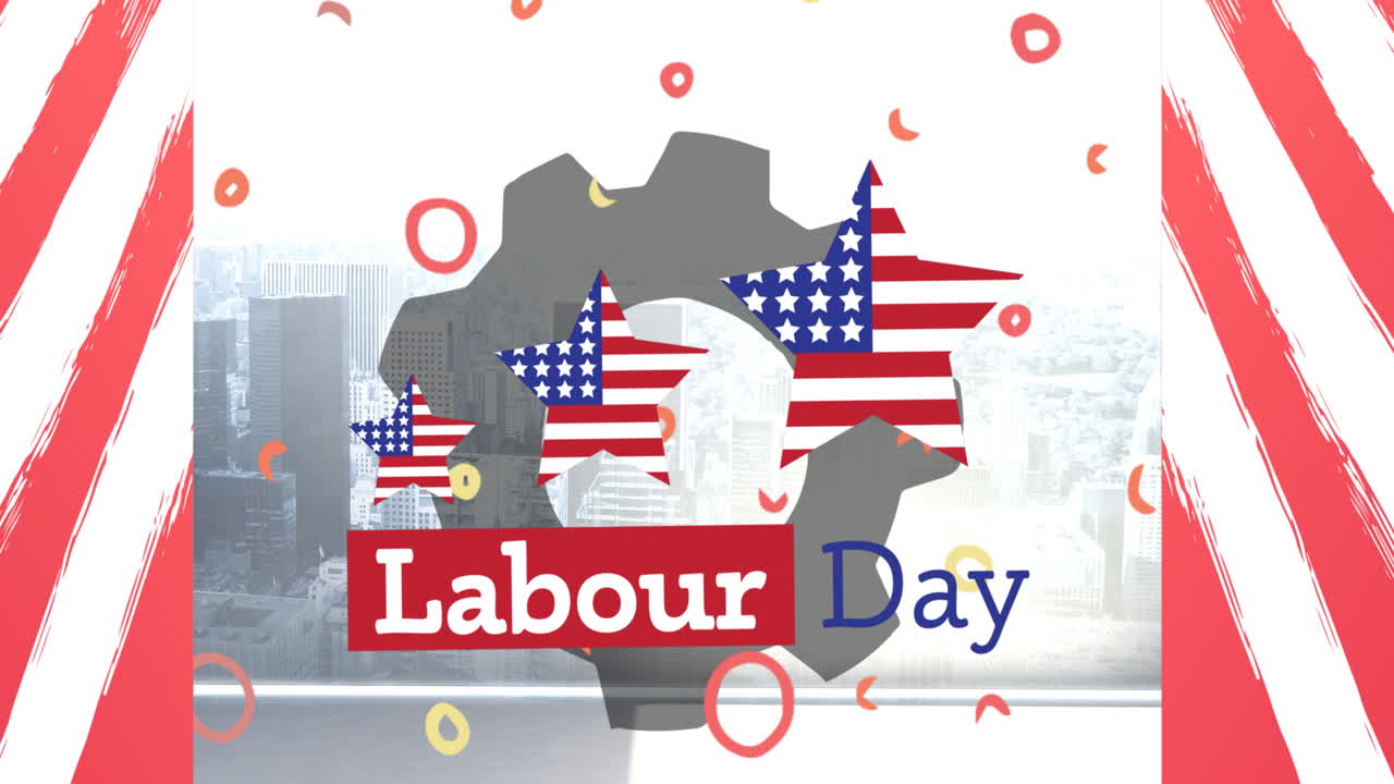 도시 풍경 위의 노동의 날 텍스트의 애니메이션