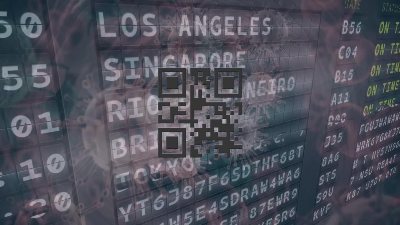 animación digital del código qr con células biológicas de virus contra la tabla de salida de llegada