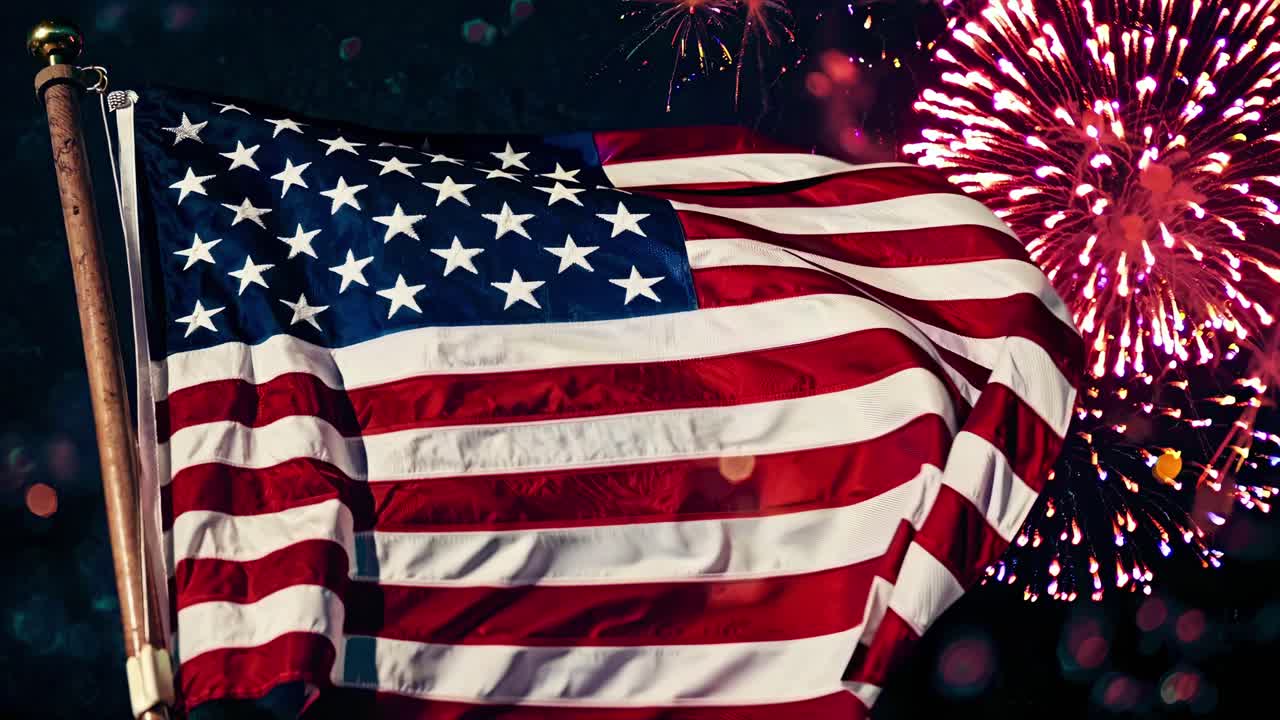 A low-angle shot of the American flag waving against a backdrop of fireworks, capturing a patriotic