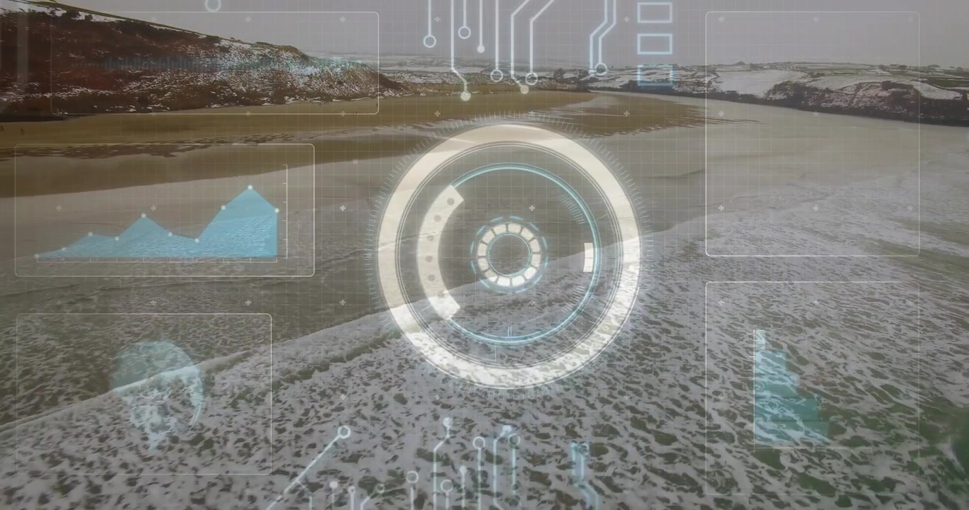 Aerial sweep initiating HUD intensifying over coastal bay, showing concentric rings, tech widgets