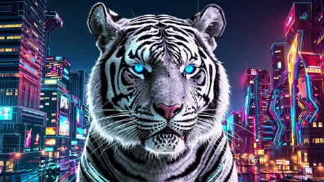 white tiger in a cyberpunk city