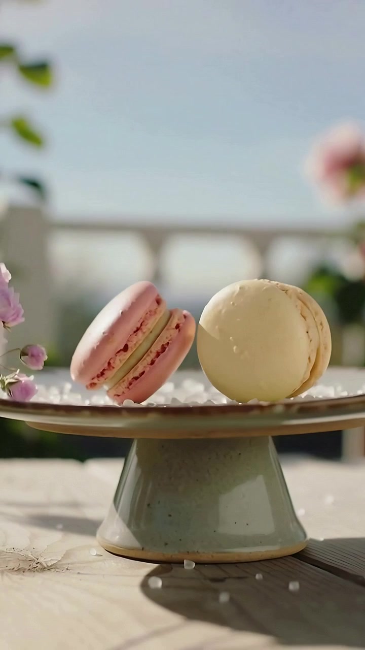Vertical video: Tilting two macarons settling on stand on balcony after shift, sugar scattering