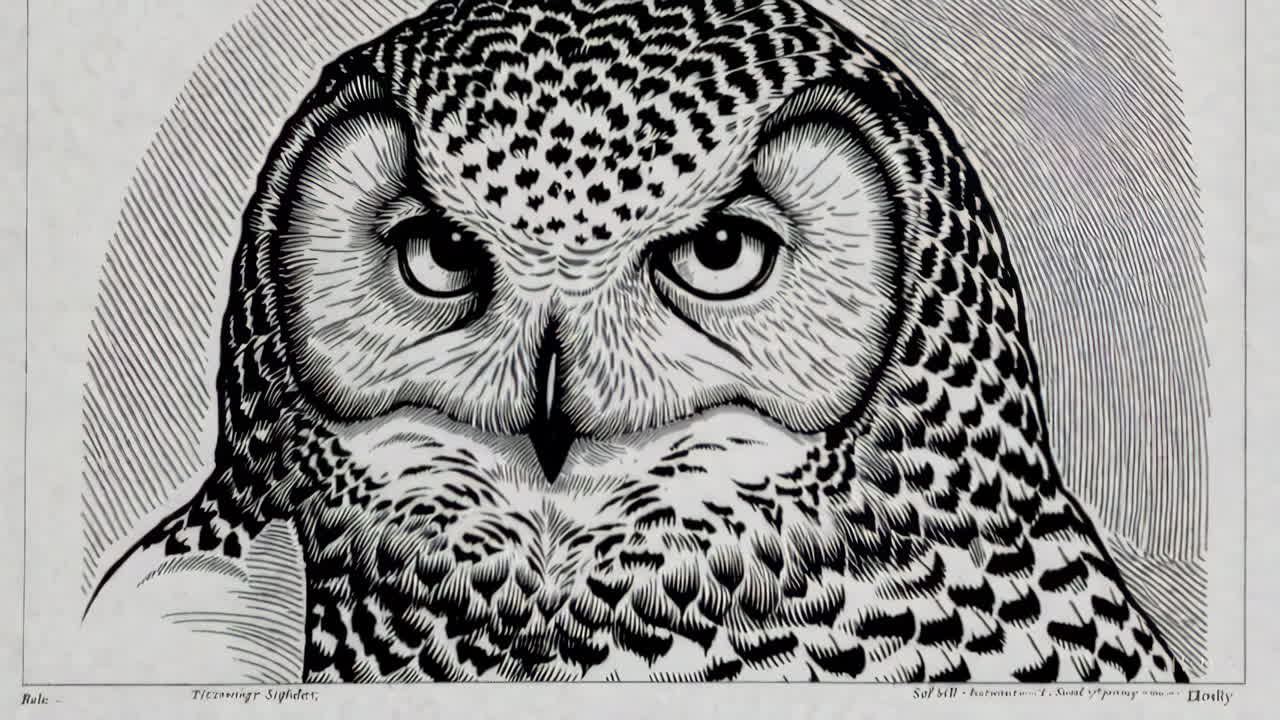 Black and White Close-Up Illustration of an Owl's Face