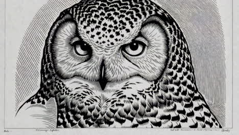black and white close-up illustration of an owl's face