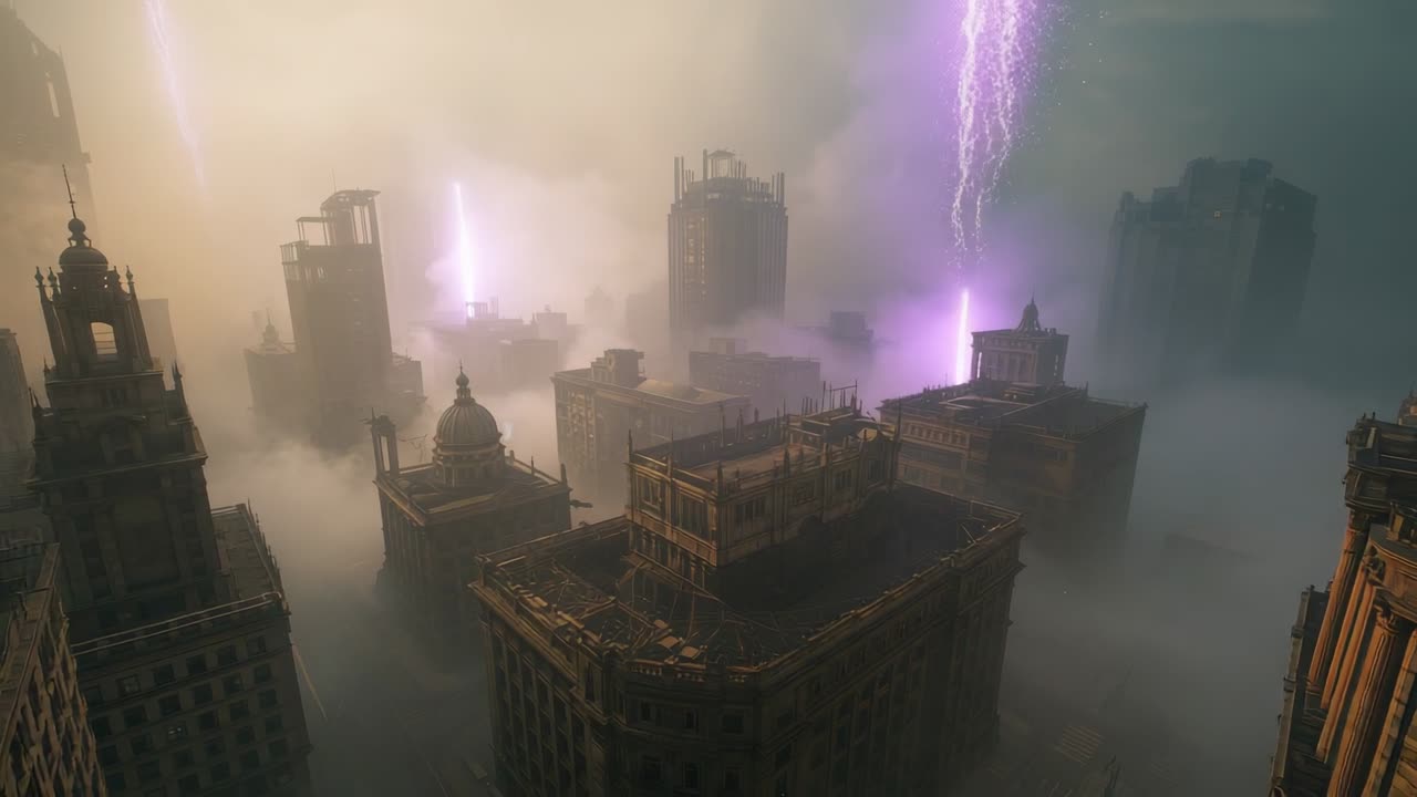 Evolving faint purple glow forming tall energy beams above foggy rooftops, with crackling tendrils