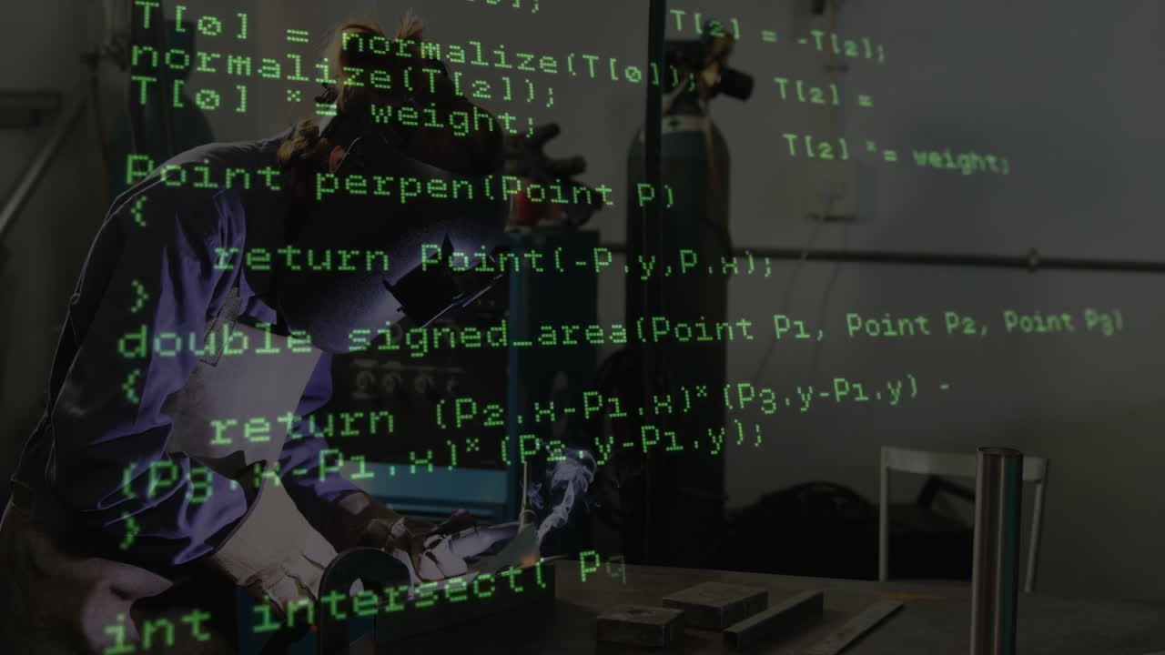 Female welder welding steel pipe in technology workshop, displaying floating green code overlay