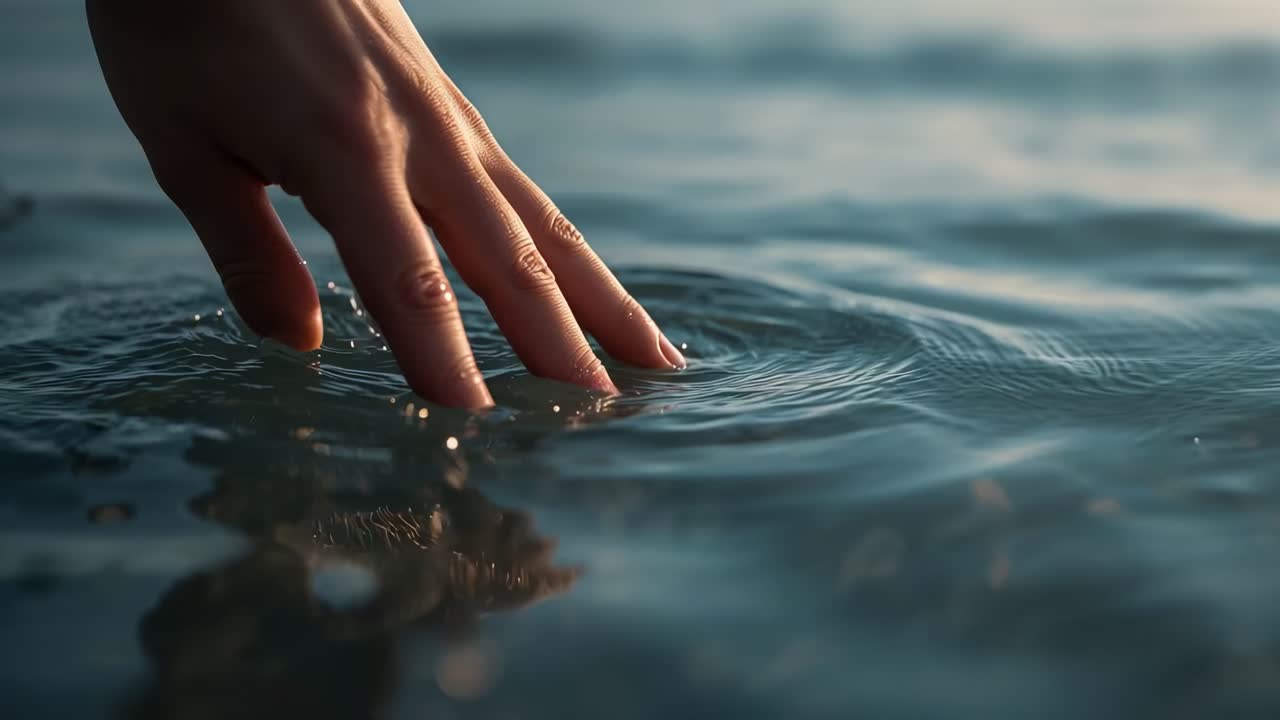 Una mano con un bracciale scuro che sfiora il lago al tramonto creando increspature e riflessi, spazio per il testo