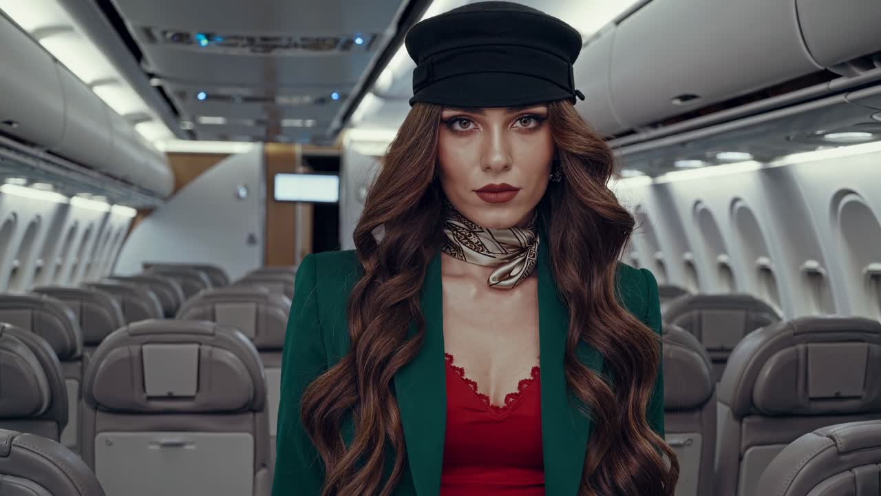 Professional flight attendant wearing tailored uniform and distinctive hat standing confidently inside commercial airplane cabin, embodying aviation elegance and workplace sophistication