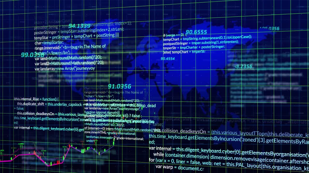 Animation of data processing over grid network and world map against blue background