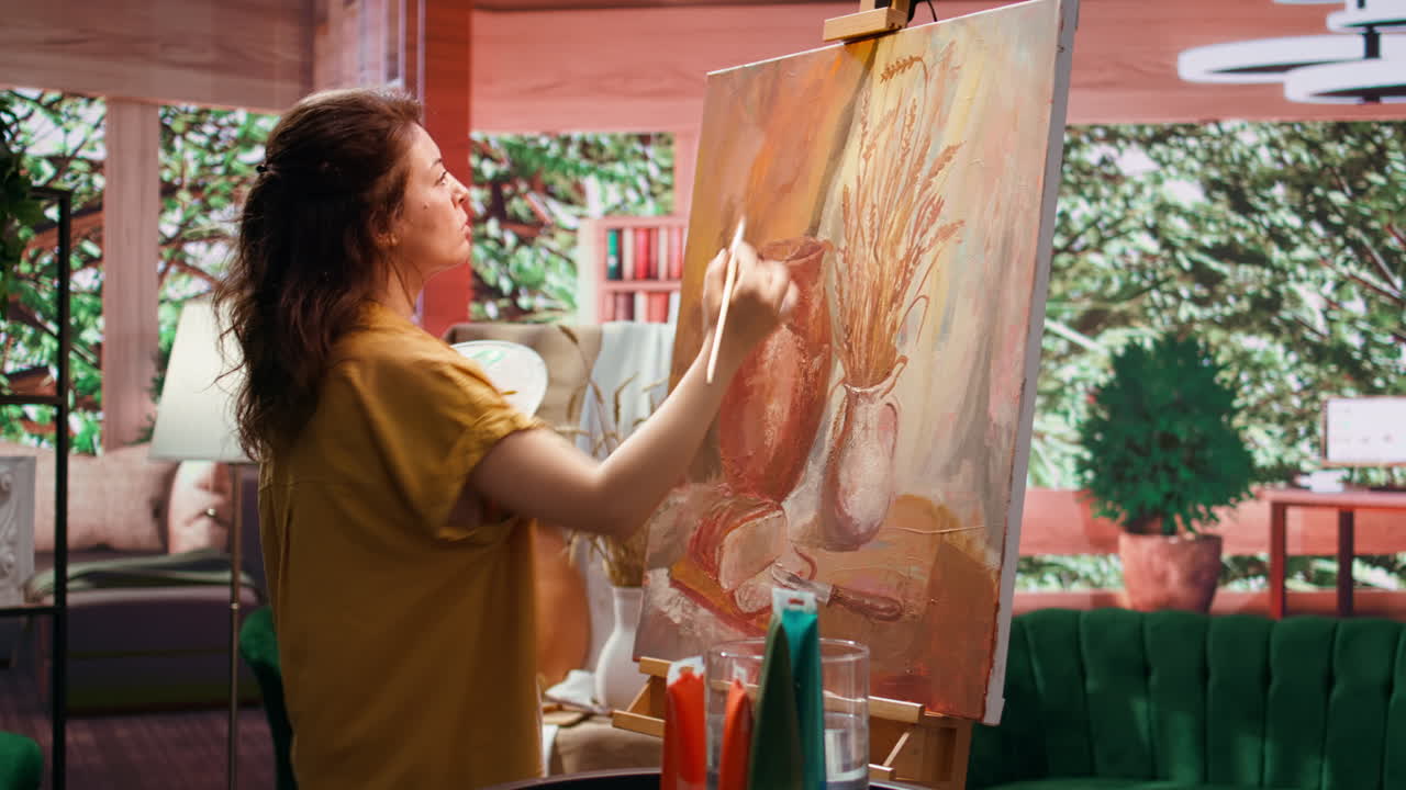 Woman painting a still life in her studio