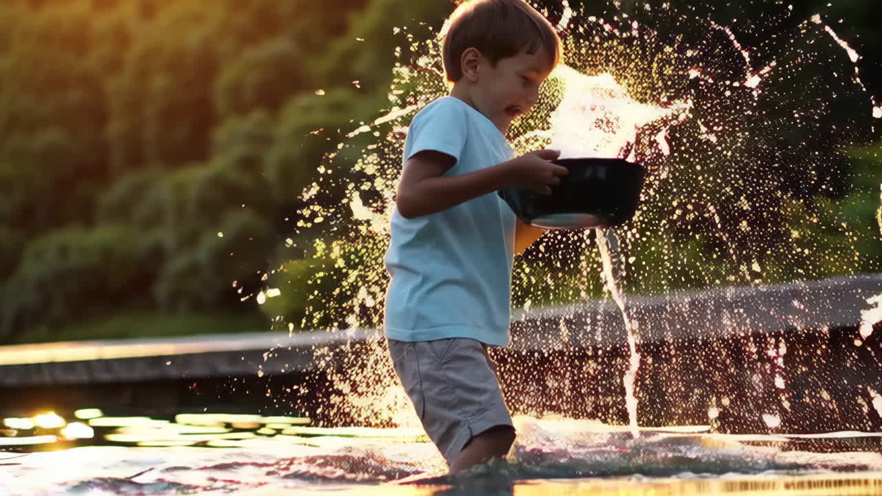 Boy Playing in Water at Sunset
