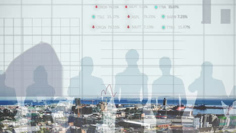 animation of financial data processing over businesspeople and cityscape