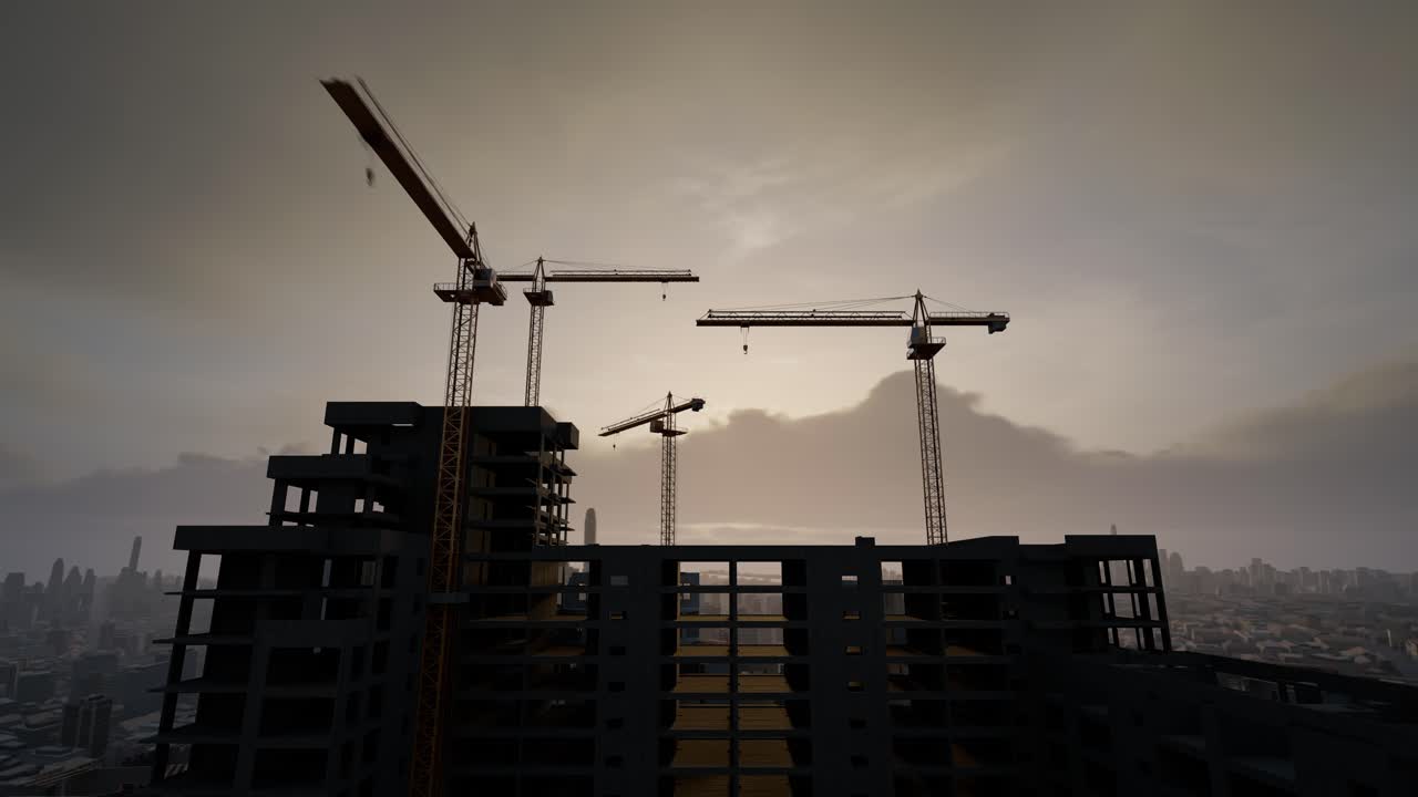 Dynamic Construction Site With Cranes Against Dramatic Sky, Timelapse