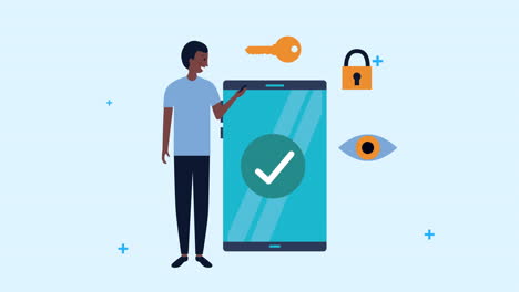 joven empresario usando un teléfono inteligente con iconos de seguridad