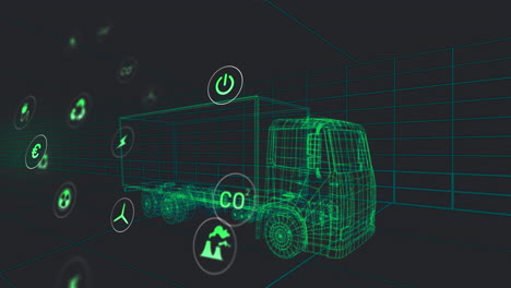 animación de iconos eco y procesamiento de datos sobre dibujo técnico de automóviles en 3d