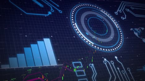 Animation-of-arrows-in-circles,-graph,-circuit-board-pattern,-grid-pattern-over-abstract-background