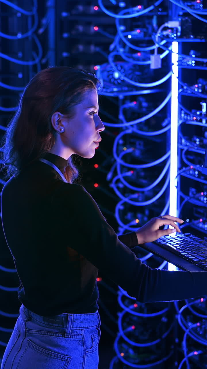 Donna che programma in una server room. Verticale