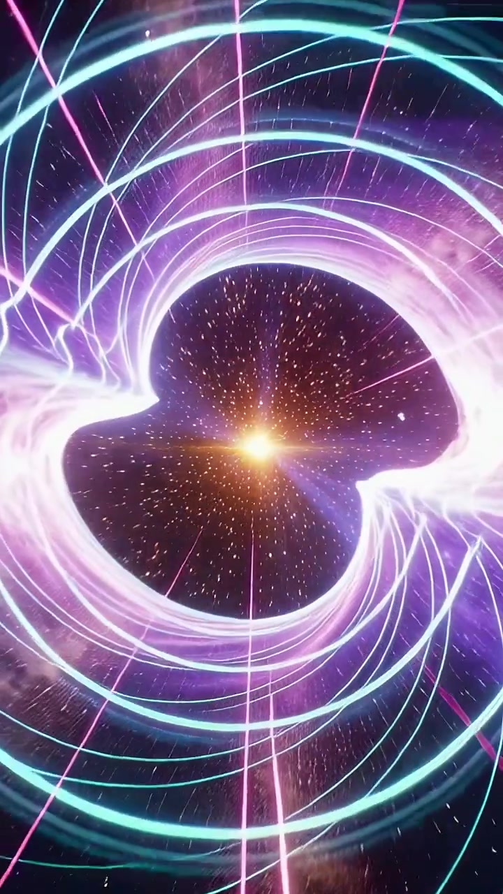 Video verticale: Portale a clessidra rotante con un nucleo dorato che si illumina, che spara anelli ciano, raggi magenta e scintille.
