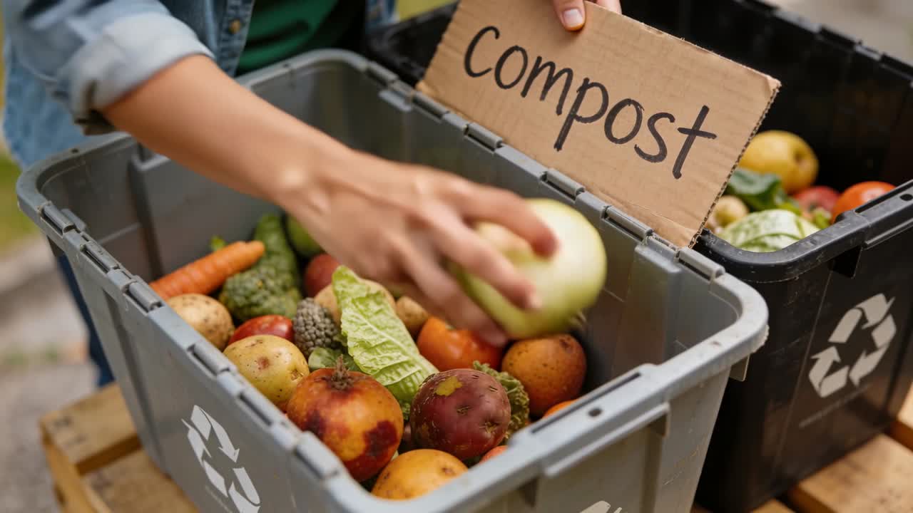 Seeing assorted scraps, sorting hands in denim arranging gray compost bin for compost, compost sign
