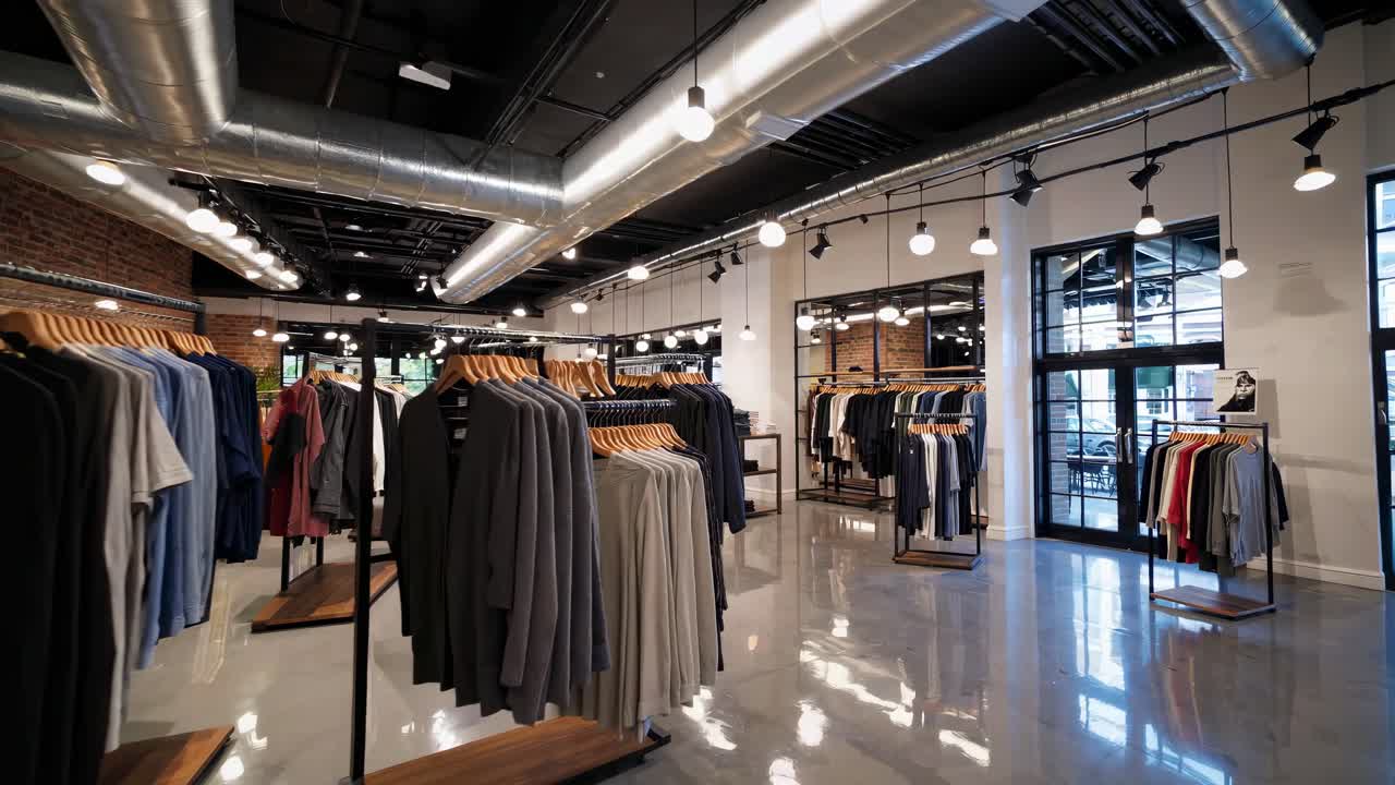 Wide-angle shot of a modern clothing store interior with industrial design, showcasing racks