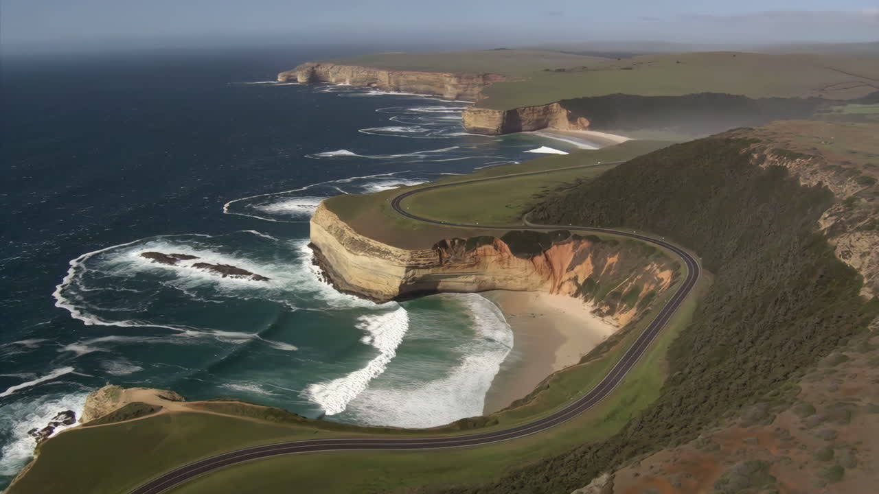 Aerial View of Scenic Coastal Cliffs and Winding Road