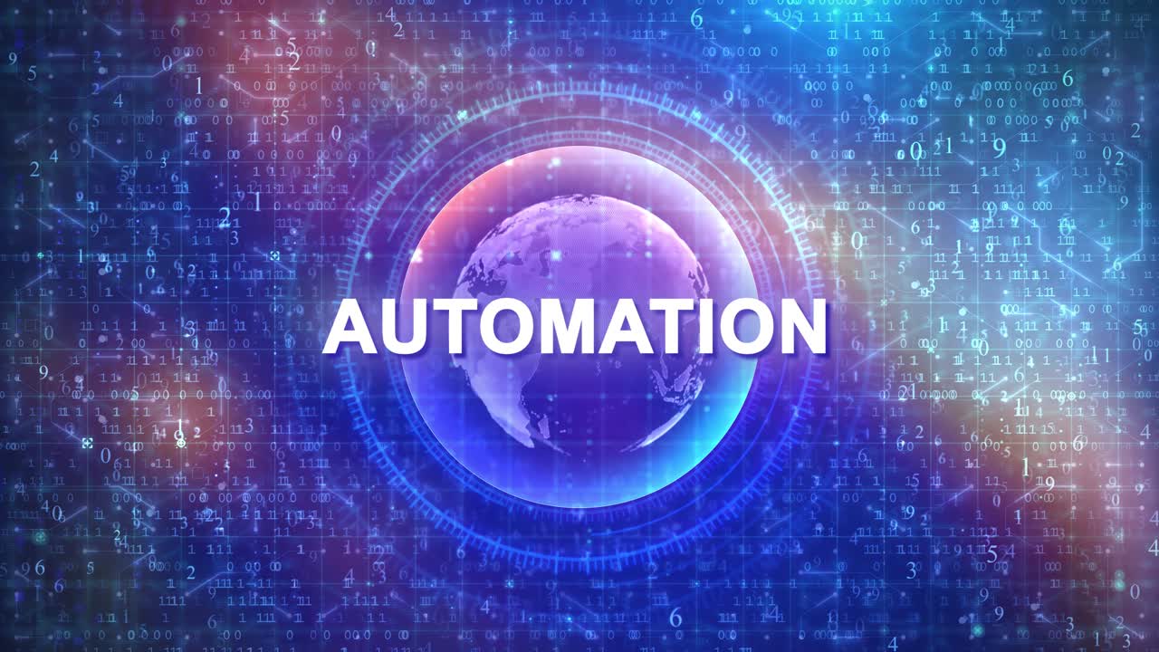 Automation Word with Rotating Globe on Digital Technology Background