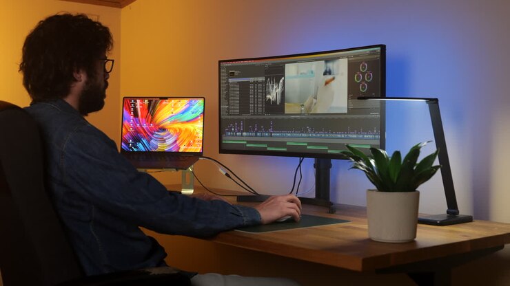 Montatore video intento a lavorare a un progetto multimediale su una scrivania accogliente in un ambiente domestico, tagliando clip.