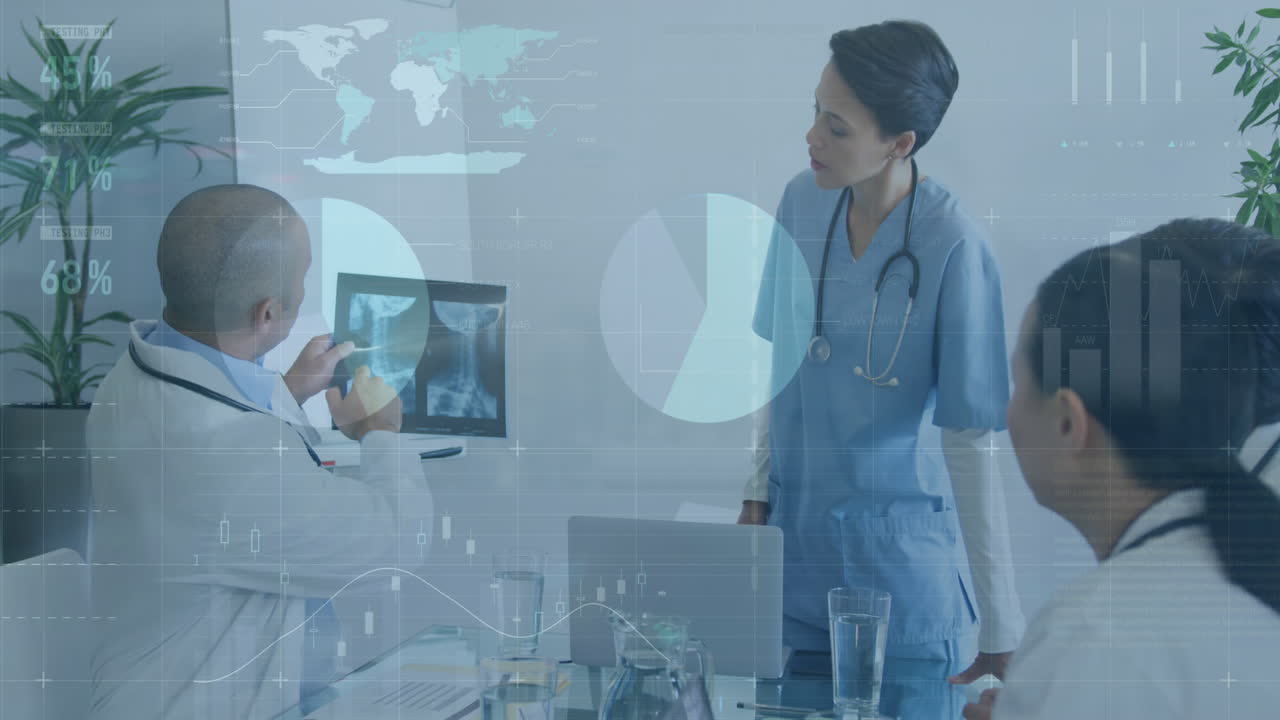 인포그래픽 인터페이스의 애니메이션, 다양한 의사들이 병원에서 환자의 스레이에 대해 논의하는 그래프