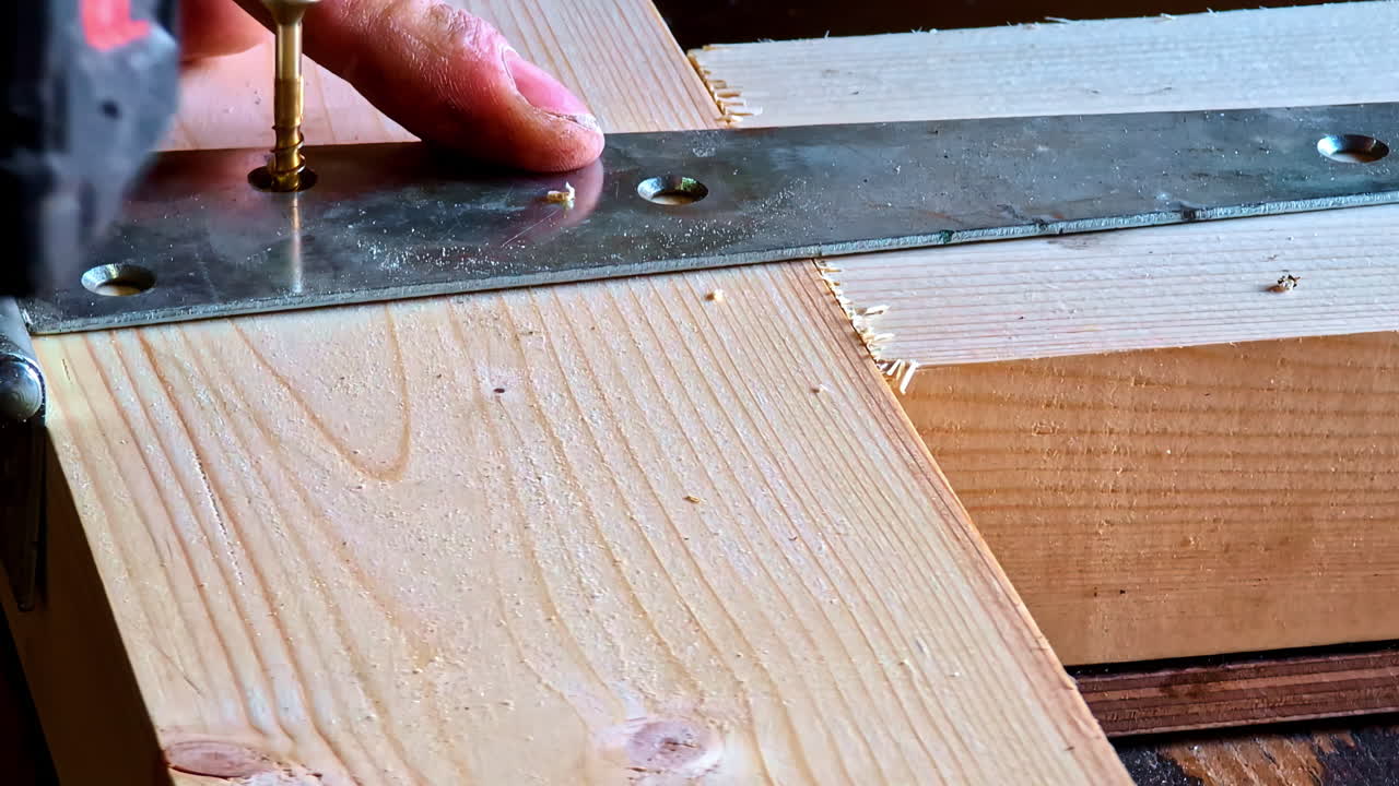Hand fixing metal bracket to wooden plank with screw during woodworking