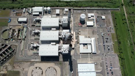 Top-down-drone-view-Grain-CHP-Power-station-Kent-UK-chimney-storm-damaged