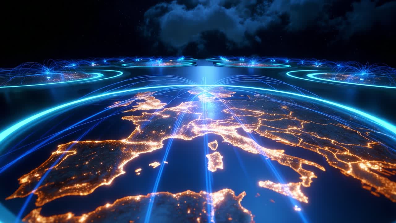 A Stunning Visual Representation of a Connected Europe with Futuristic Networks and Glowing Data Streams, Showcasing Technological Advances in Communication and Information Exchange Across the Continent