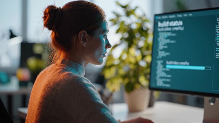 Focused Programmer Analyzing Code and Build Status on Computer Screen in Modern Office Environment with Indoor Plants Illuminated by Natural Light