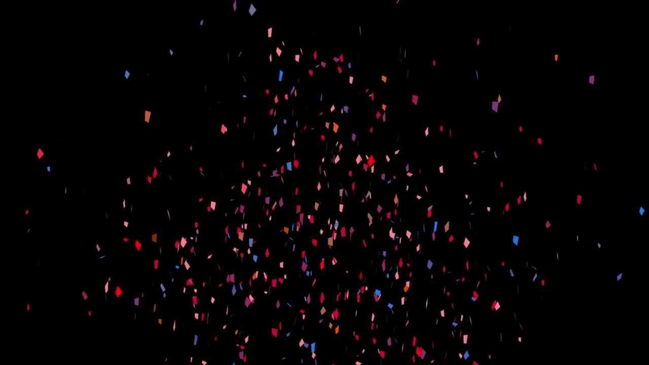 Animation of multi coloured confetti falling over black background