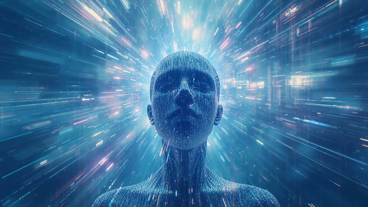 Streaming code pulsing stylized head in data space, radiating beams and particles signaling surge