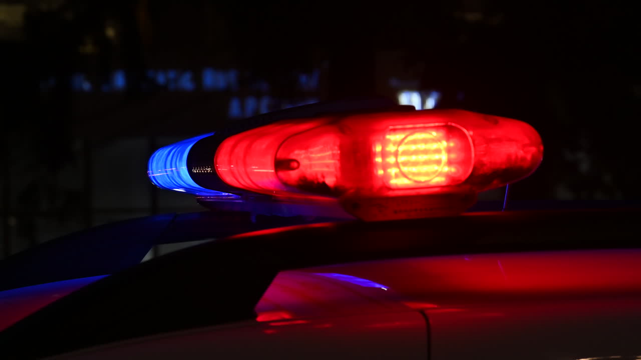 Close up of police lights flashing at night