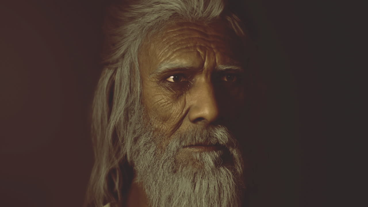 Elder man with white hair and beard contemplating in warm light