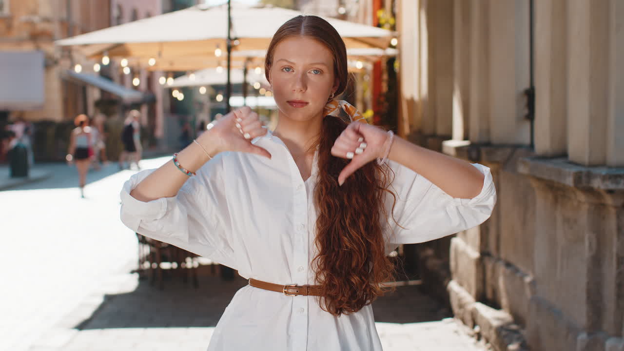 Upset child girl woman showing thumbs down sign disapproval dissatisfied bad work mistake in city